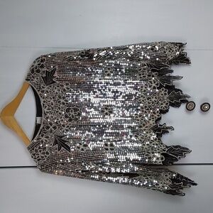 Gunit Womens Vintage Silver Sequin Bling Silk Top Stunning! Sz.Small- Medium